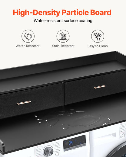 2 Drawers Washer Dryer Countertop with 2-Tier Shelf, 54" x 27" Wooden Washer and Dryer Countertop with Non-Slip Pads, Water-Resistant Laundry Topper for Laundry Room Organization, Black