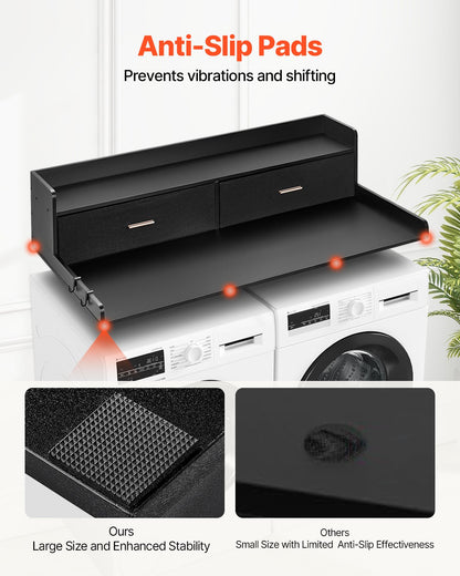2 Drawers Washer Dryer Countertop with 2-Tier Shelf, 54" x 27" Wooden Washer and Dryer Countertop with Non-Slip Pads, Water-Resistant Laundry Topper for Laundry Room Organization, Black