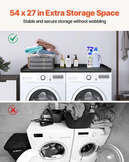 Bänkskiva för tvättmaskin/torktumlare med 3 skarvpaneler, 54" x 27" träbänkskiva för tvättmaskin och torktumlare med halkfria dynor, vattentålig tvättbänkskiva för organisering och förvaring av tvättstugan, svart