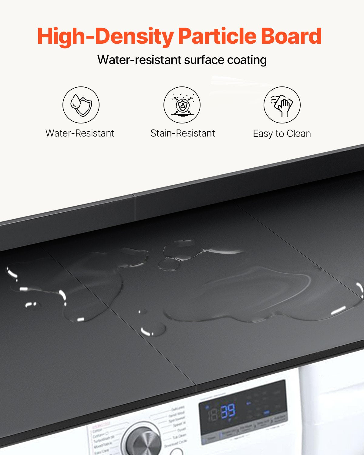 Bänkskiva för tvättmaskin/torktumlare med 3 skarvpaneler, 54" x 27" träbänkskiva för tvättmaskin och torktumlare med halkfria dynor, vattentålig tvättbänkskiva för organisering och förvaring av tvättstugan, svart