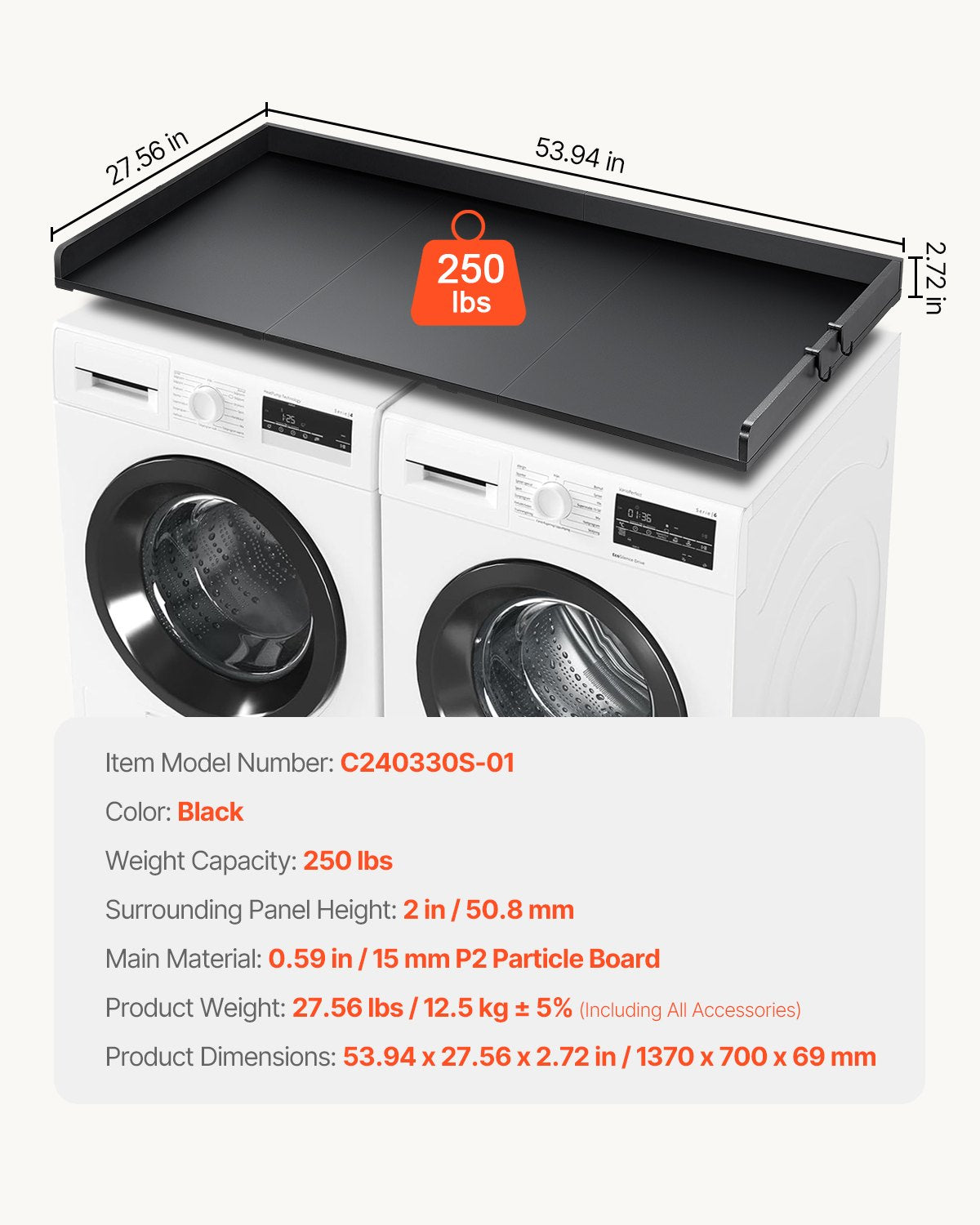 Bänkskiva för tvättmaskin/torktumlare med 3 skarvpaneler, 54" x 27" träbänkskiva för tvättmaskin och torktumlare med halkfria dynor, vattentålig tvättbänkskiva för organisering och förvaring av tvättstugan, svart