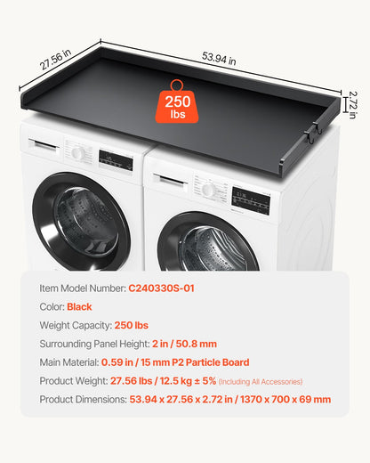 Bänkskiva för tvättmaskin/torktumlare med 3 skarvpaneler, 54" x 27" träbänkskiva för tvättmaskin och torktumlare med halkfria dynor, vattentålig tvättbänkskiva för organisering och förvaring av tvättstugan, svart