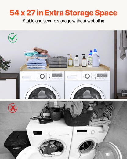 Bänkskiva för tvättmaskin/torktumlare, 136 x 61 cm bänkskiva i trä för tvättmaskin och torktumlare, vattentåligt tvättmaskinsöverdrag med halkfria dynor, för organisering och förvaring av tvättstugan, ek