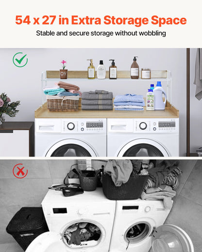 Bänkskiva för tvättmaskin/torktumlare med hyllplan i två nivåer, 136 x 61 cm träbänkskiva för tvättmaskin och torktumlare med halkfria dynor, vattentåligt tvättöverdrag för organisering och förvaring i tvättstugan, ek