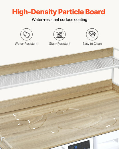 Bänkskiva för tvättmaskin/torktumlare med hyllplan i två nivåer, 136 x 61 cm träbänkskiva för tvättmaskin och torktumlare med halkfria dynor, vattentåligt tvättöverdrag för organisering och förvaring i tvättstugan, ek