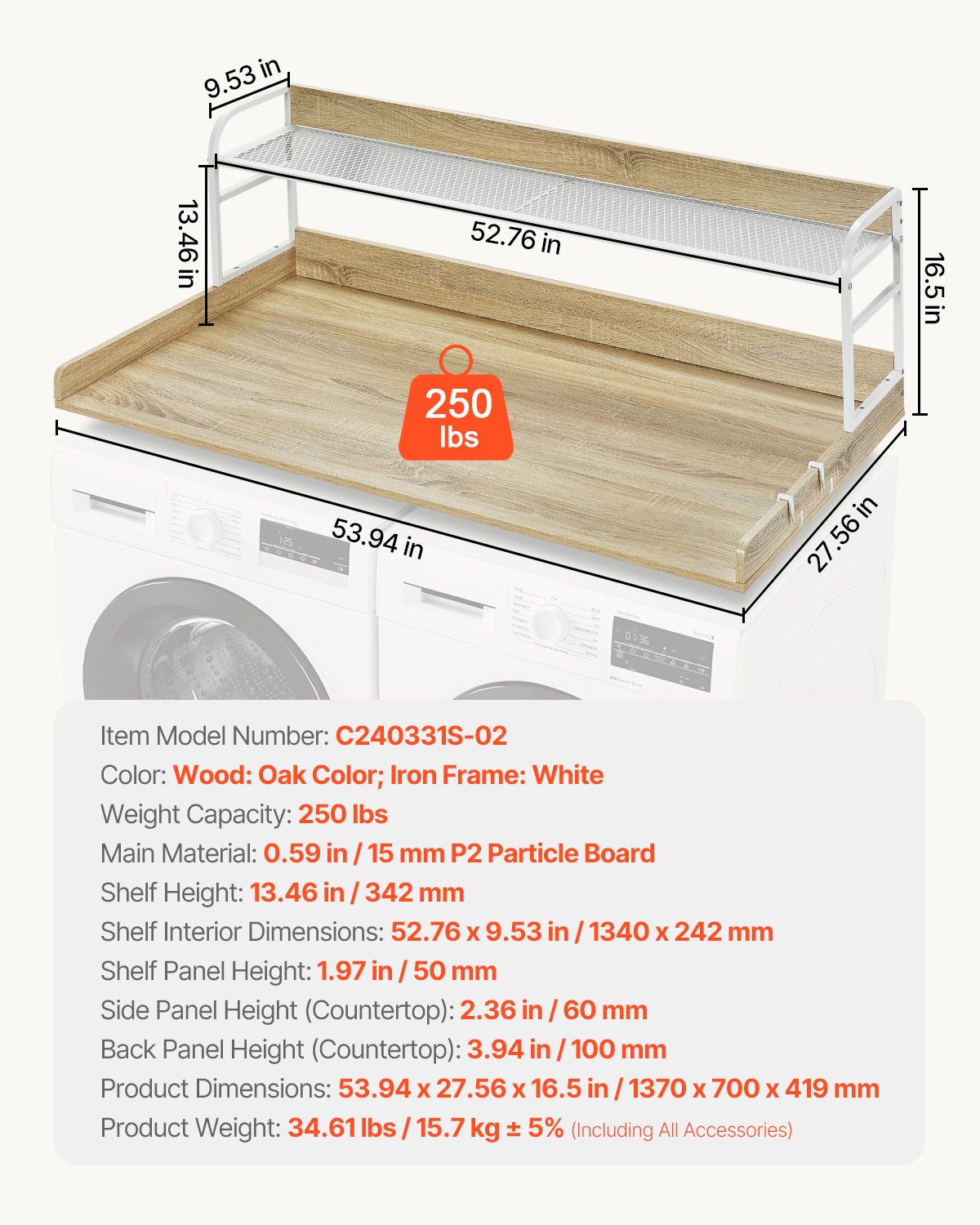 Bänkskiva för tvättmaskin/torktumlare med hyllplan i två nivåer, 136 x 61 cm träbänkskiva för tvättmaskin och torktumlare med halkfria dynor, vattentåligt tvättöverdrag för organisering och förvaring i tvättstugan, ek