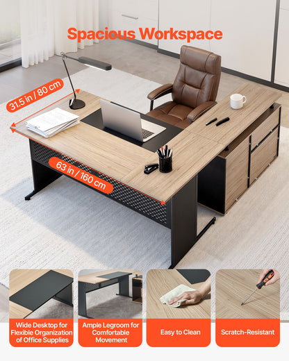 L-Shaped Executive Desk, Modern Reversible Office Table with Drawers & Storage Cabinet, Heavy Duty Large Wooden Executive Table, 158.7 KG Load Capacity, Easy Assembly, for Work Study Writing