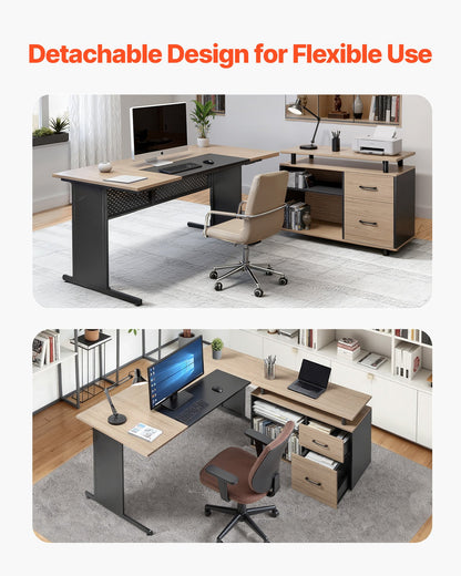 L-Shaped Executive Desk, Modern Reversible Office Table with Drawers & Storage Cabinet, Heavy Duty Large Wooden Executive Table, 158.7 KG Load Capacity, Easy Assembly, for Work Study Writing