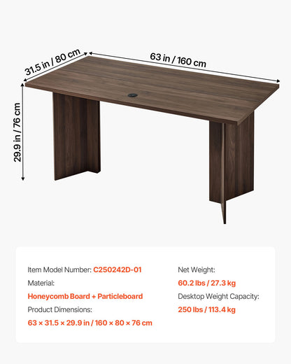 63 in Executive Desk, Large Modern Rectangle Office Table, Heavy Duty Wooden Executive Table with Cable Connection Hole, 113 KG Load Capacity, Easy Assembly, for Work Study Writing, Walnut