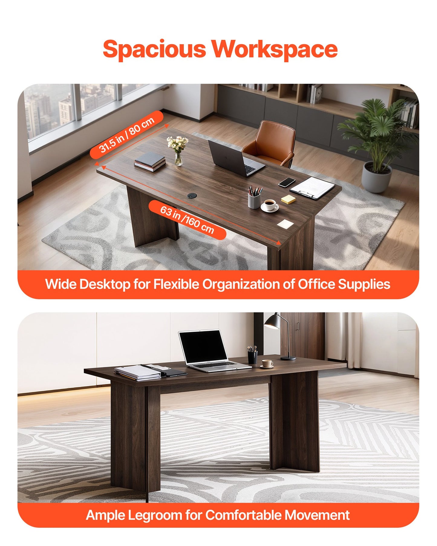 63 in Executive Desk, Large Modern Rectangle Office Table, Heavy Duty Wooden Executive Table with Cable Connection Hole, 113 KG Load Capacity, Easy Assembly, for Work Study Writing, Walnut