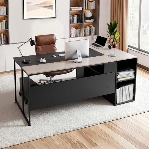 L-Shaped Executive Desk, Large Modern Office Table with Drawers & Storage Cabinet, Heavy Duty Wooden Executive Table with CPU Stand, 158.7 KG Load Capacity, Easy Assembly, for Work Study Writing