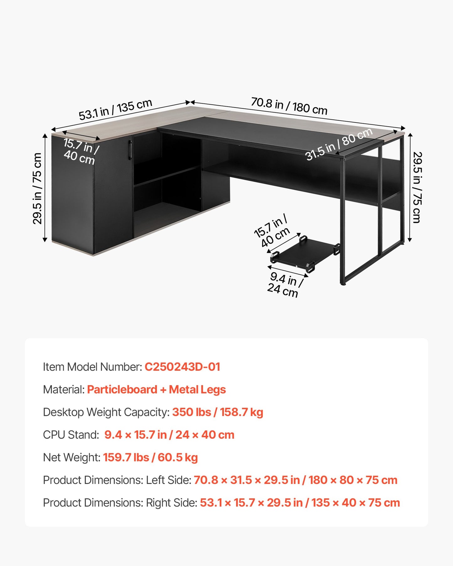 L-Shaped Executive Desk, Large Modern Office Table with Drawers & Storage Cabinet, Heavy Duty Wooden Executive Table with CPU Stand, 158.7 KG Load Capacity, Easy Assembly, for Work Study Writing
