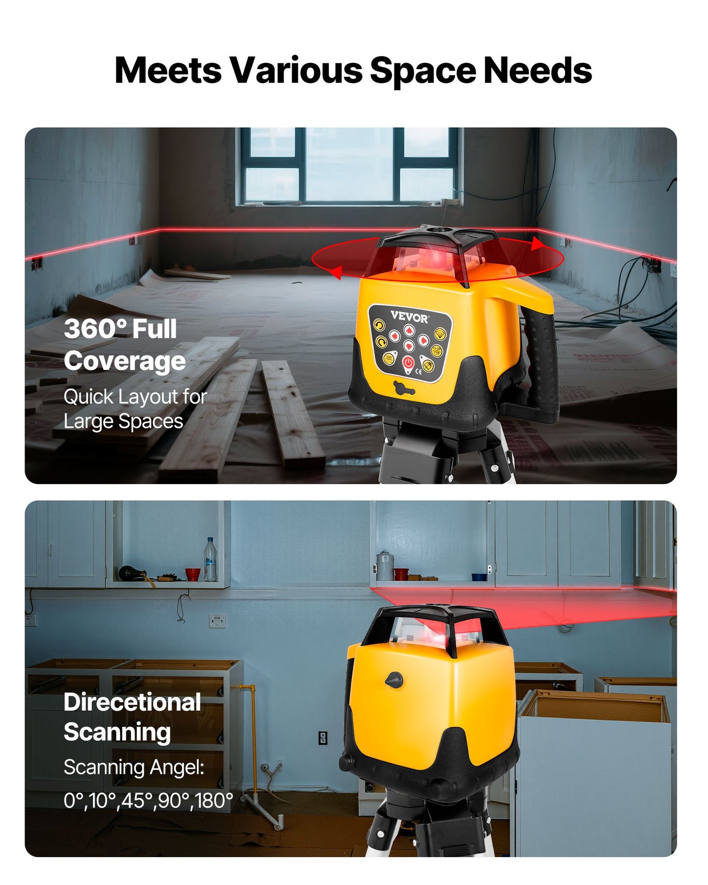 Rotary Laser Level Kit, Red Beam 300m Range Slope Adjustable 360-Degree Spinning Self Leveling, Flexible Scanning Angle & IP54 Waterproof, Accurate with Remote Control Receiver Carrying Case