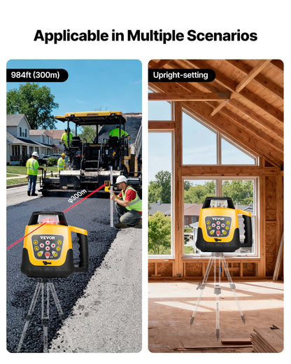 Rotary Laser Level Kit, Red Beam 300m Range Slope Adjustable 360-Degree Spinning Self Leveling, Flexible Scanning Angle & IP54 Waterproof, Accurate with Remote Control Receiver Carrying Case