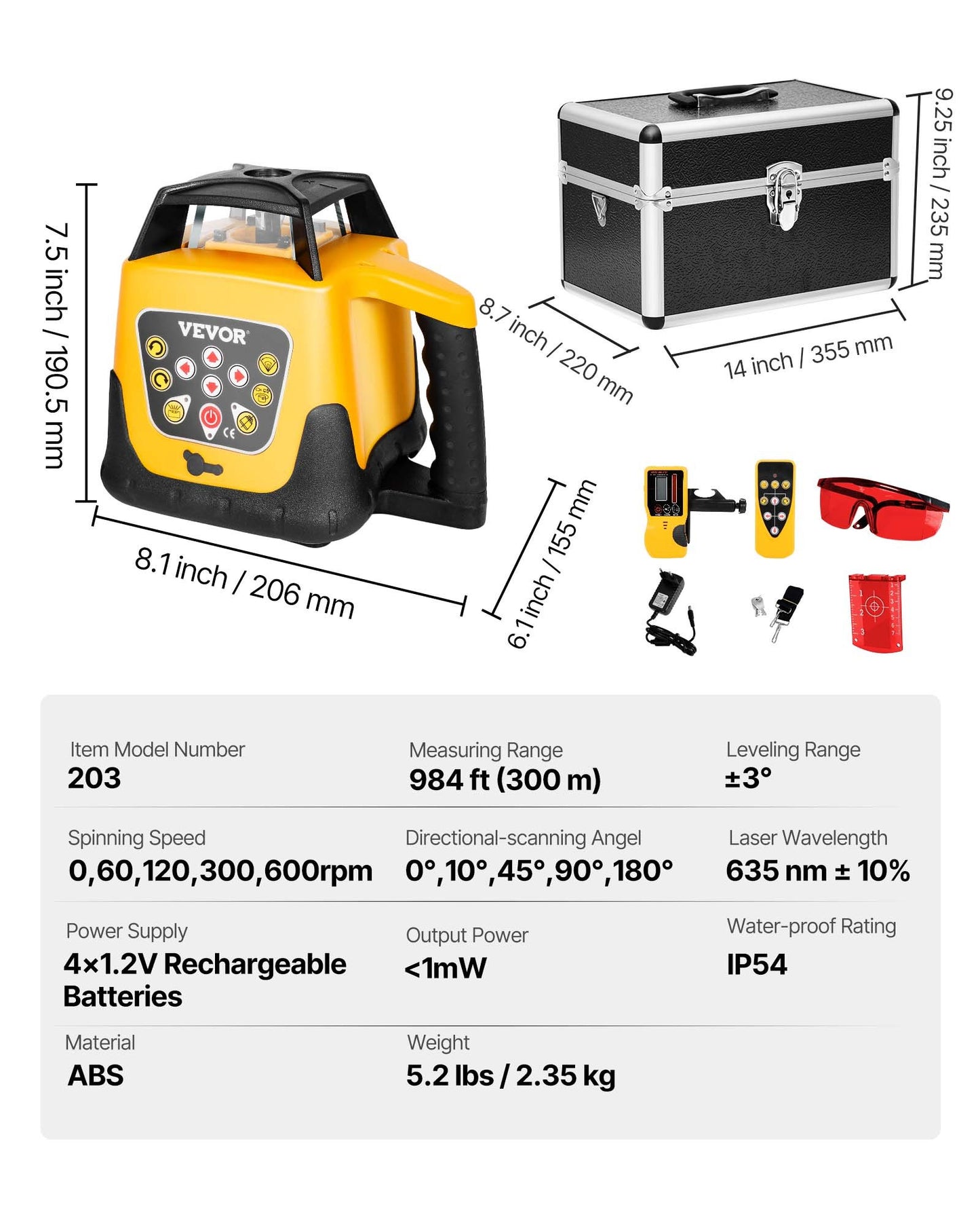 Rotary Laser Level Kit, Red Beam 300m Range Slope Adjustable 360-Degree Spinning Self Leveling, Flexible Scanning Angle & IP54 Waterproof, Accurate with Remote Control Receiver Carrying Case