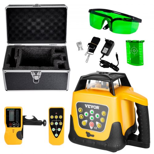 Rotary Laser Level Kit, Green Beam 500m Range Slope Adjustable 360-Degree Spinning Self Leveling, Flexible Scanning Angle & IP54 Waterproof, Accurate with Remote Control Receiver Carrying Case
