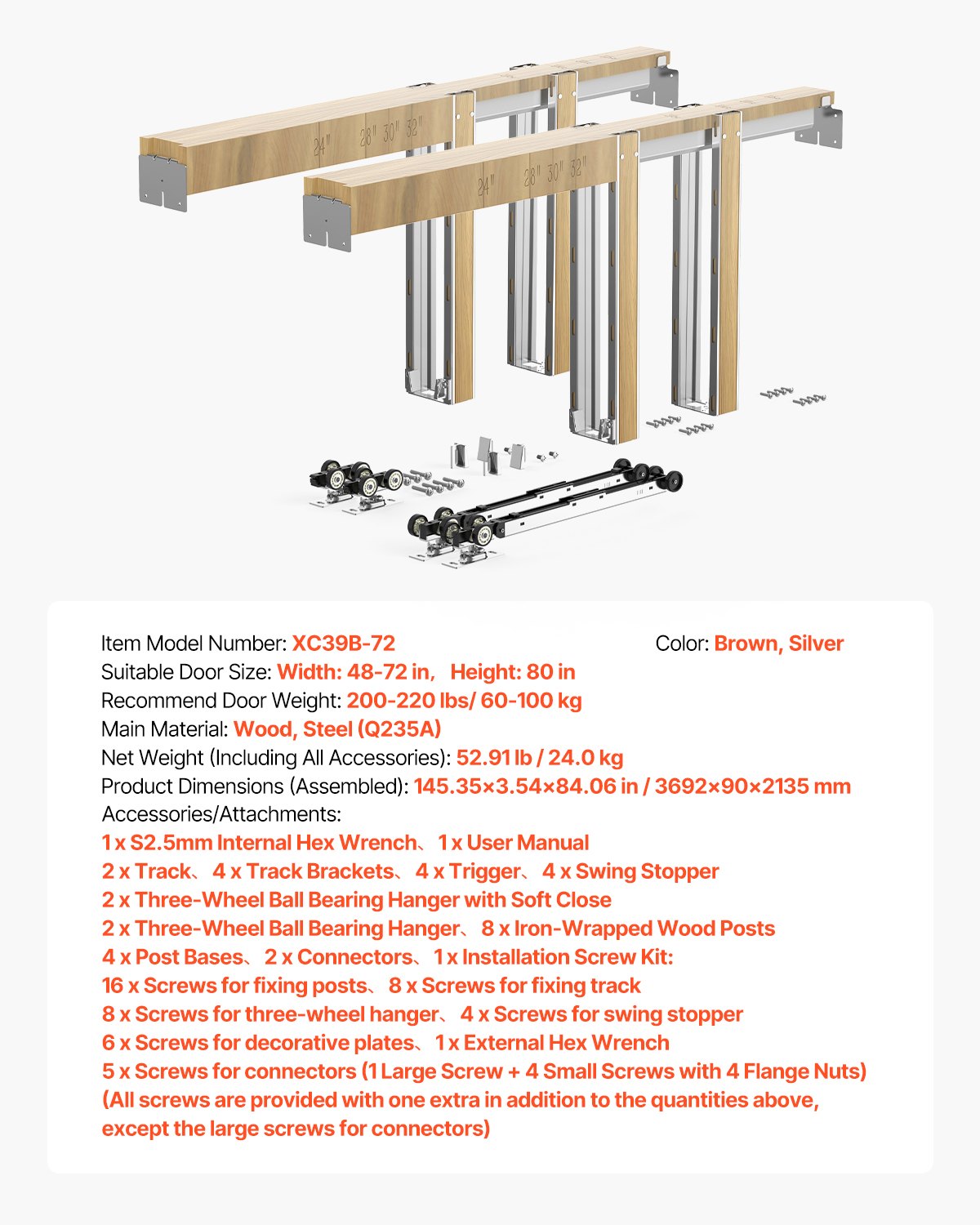 Fickdörrkarmsats, för 1219-1829 mm bred och 2032 mm hög dörr, Fickdörrsats med tvåvägs mjukstängningsmekanism, glider smidigt och tyst, enkel att installera, trä och galvaniserat stål, för sovrum