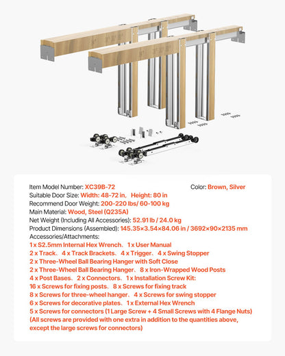 Fickdörrkarmsats, för 1219-1829 mm bred och 2032 mm hög dörr, Fickdörrsats med tvåvägs mjukstängningsmekanism, glider smidigt och tyst, enkel att installera, trä och galvaniserat stål, för sovrum