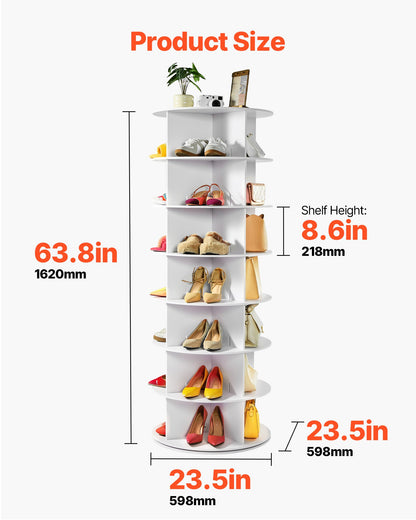7 Tiers Rotating Shoe Rack Tower, 360° Spinning Shoe Rack, Revolving Storage Round Carousel Display, Freestanding Lazy Susan Organizer Display for Bedroom, Living Room, Entryway, Closet, White