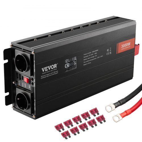 Modified Sine Wave Inverter, 3000Watt, DC 12V to AC 230V LCD Display Power Inverter with 3 AC Outlets 2 USB Port 1 Type-C Port 10 Spare Fuses, for Large Household Equipment, CE FCC Certified