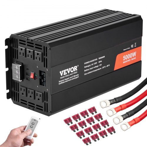 Modified Sine Wave Inverter, 5000W, DC 12V to AC 230V Power Inverter with 2 AC Outlets 2 USB Port 1 Type-C Port, LCD Display and Remote Controller for High Load Home Appliances, CE FCC Certified