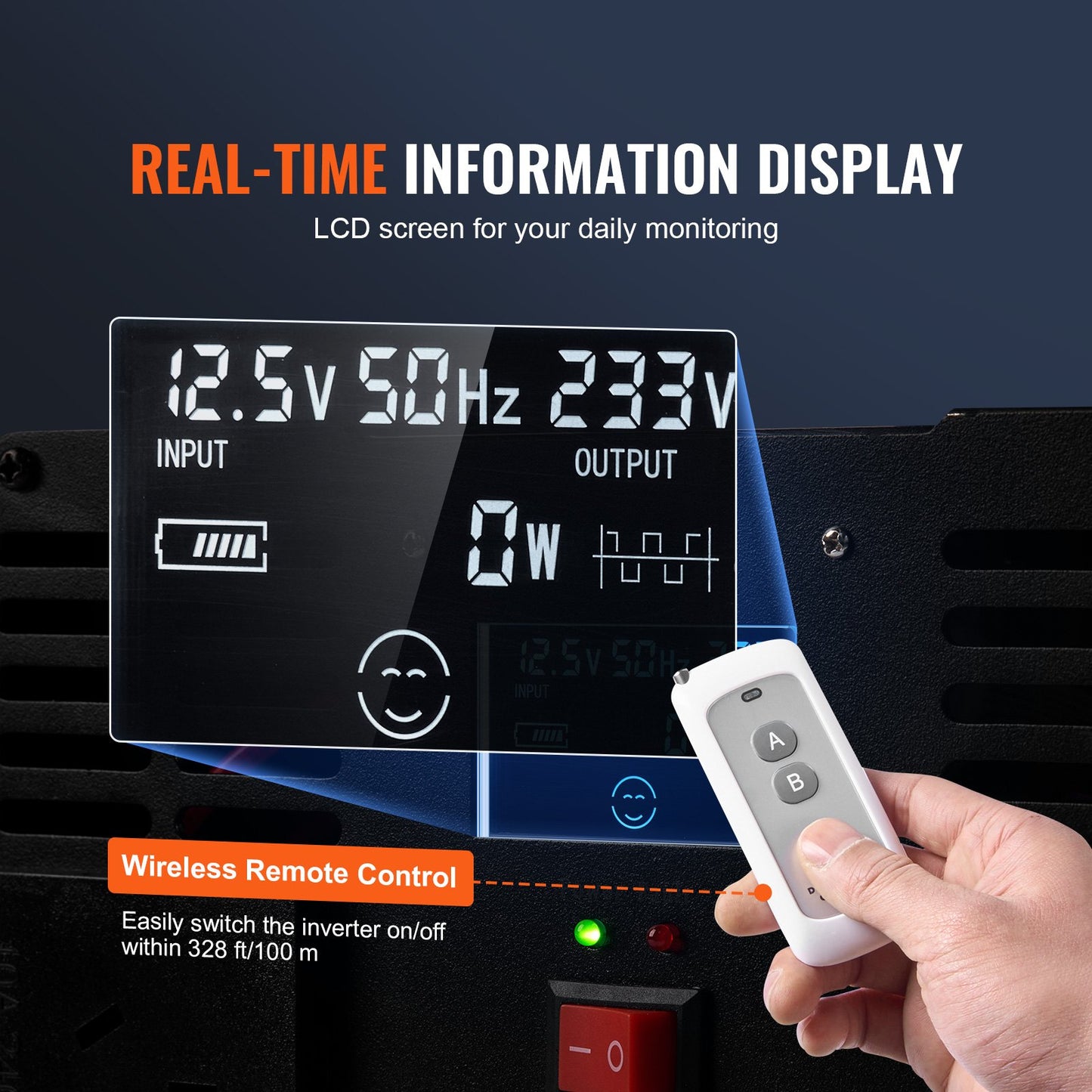 Modified Sine Wave Inverter, 5000W, DC 12V to AC 230V Power Inverter with 2 AC Outlets 2 USB Port 1 Type-C Port, LCD Display and Remote Controller for High Load Home Appliances, CE FCC Certified