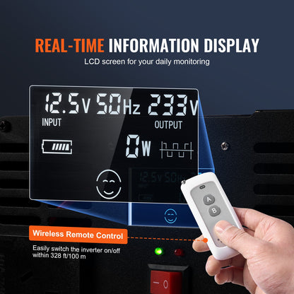 Modified Sine Wave Inverter, 5000W, DC 12V to AC 230V Power Inverter with 2 AC Outlets 2 USB Port 1 Type-C Port, LCD Display and Remote Controller for High Load Home Appliances, CE FCC Certified