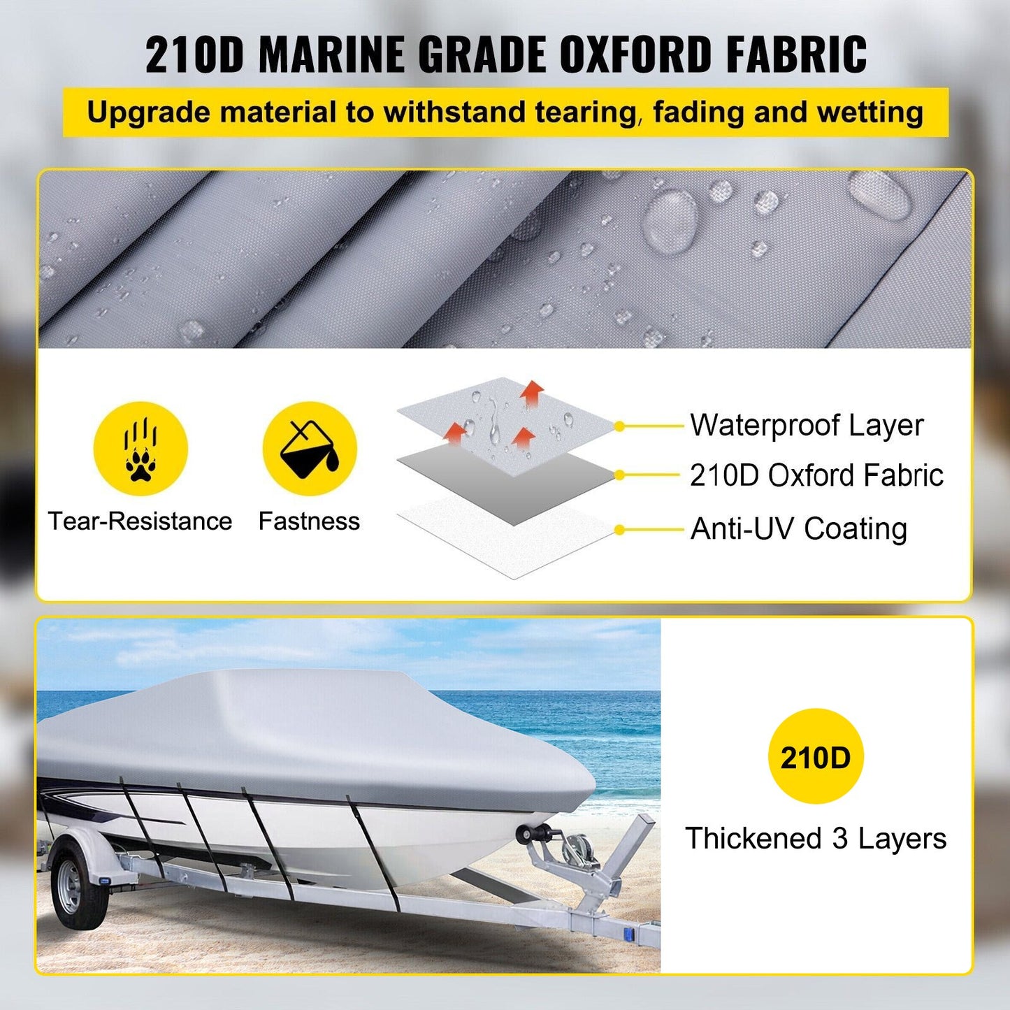 Waterproof Boat Cover, 609.6 cm-670.6 cm Trailerable Boat Cover, Beam Width up to 269.2 cm Hull Cover Heavy Duty 600D Marine Grade Polyester Mooring Cover for Fits V-Hull Boat with 5 Tightening Straps