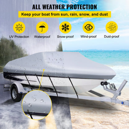 Waterproof Boat Cover, 609.6 cm-670.6 cm Trailerable Boat Cover, Beam Width up to 269.2 cm Hull Cover Heavy Duty 600D Marine Grade Polyester Mooring Cover for Fits V-Hull Boat with 5 Tightening Straps