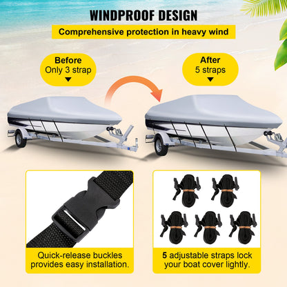 Waterproof Boat Cover, 609.6 cm-670.6 cm Trailerable Boat Cover, Beam Width up to 269.2 cm Hull Cover Heavy Duty 600D Marine Grade Polyester Mooring Cover for Fits V-Hull Boat with 5 Tightening Straps