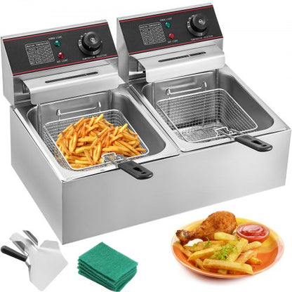 Commercial Deep Fryer 12L Electric Fryer 5000W Twin Basket YB-82 Dual Tank Electric Deep Fryer Countertop Stainless Steel French Fry for Commercial Uses