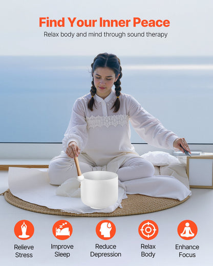 Crystal Singing Bowl, 8-inch F Note Heart Chakra Singing Bowl, Frosted Quartz Singing Bowl with Rubber Mallet and O-Ring, Perfect for Meditation, Yoga, Sound Baths, Sound Healing