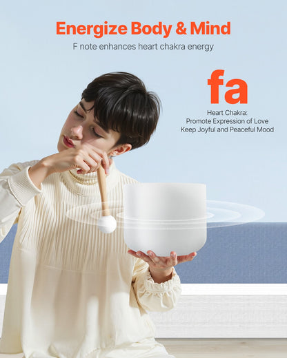 Kristallskål, 8-tums F-not hjärtchakraskål, klangskål i frostad kvarts med gummiklubba och O-ring, perfekt för meditation, yoga, ljudbad, ljudhealing