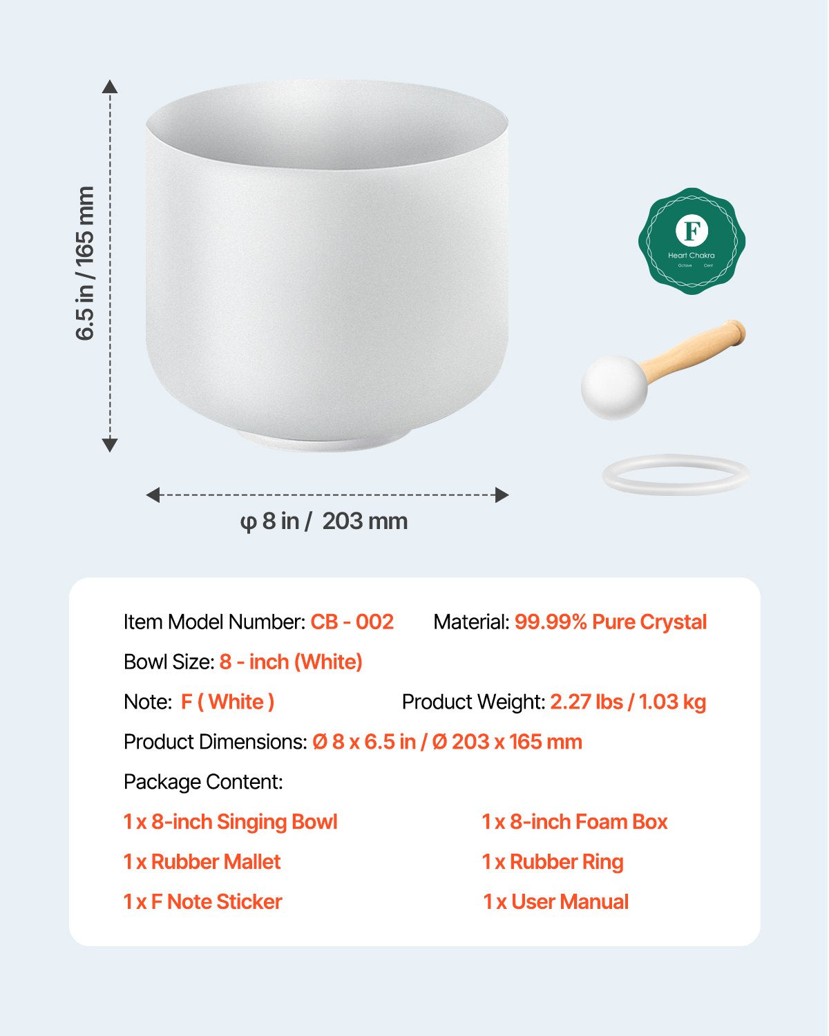 Kristallskål, 8-tums F-not hjärtchakraskål, klangskål i frostad kvarts med gummiklubba och O-ring, perfekt för meditation, yoga, ljudbad, ljudhealing