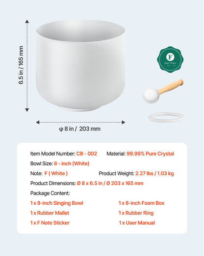 Kristallskål, 8-tums F-not hjärtchakraskål, klangskål i frostad kvarts med gummiklubba och O-ring, perfekt för meditation, yoga, ljudbad, ljudhealing