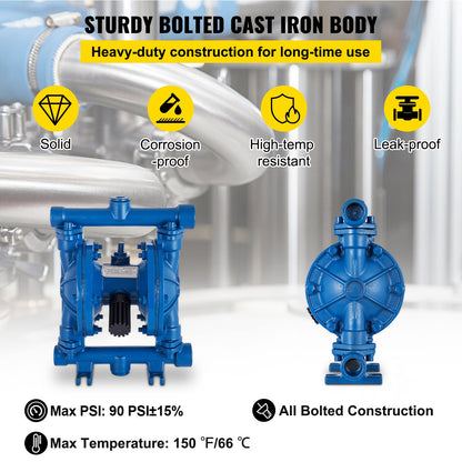 Luftdriven dubbelmembranpump, 1/2 tums inlopp och utlopp, gjutjärnshus, 3 GPM och max 90 PSI, pneumatisk nitrilmembranöverföringspump för petroleum, diesel, olja och lågviskösa vätskor