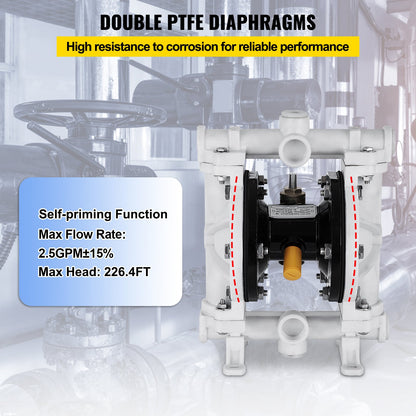 Air-Operated Double Diaphragm Pump, Inlet & Outlet, Polypropylene Body, 9.46 L/min, PTFE Diaphragm Pneumatic Transfer Pump for Petroleum, Diesel, Oil & Low Viscosity Fluids