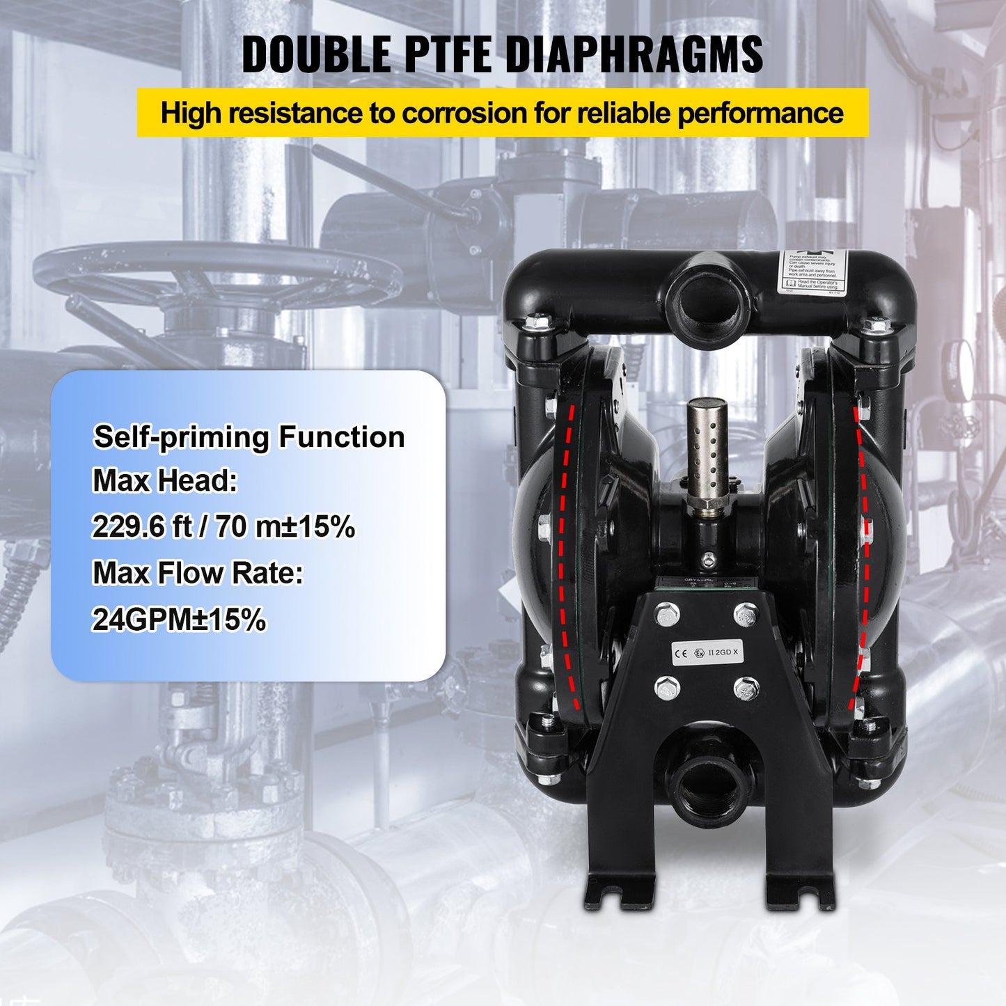 Luftdriven dubbelmembranpump 25,4 mm (1 tum) Inlopp Utlopp Aluminium 91 L/min (24 GPM) Max 8 bar (120 PSI) för industriellt bruk
