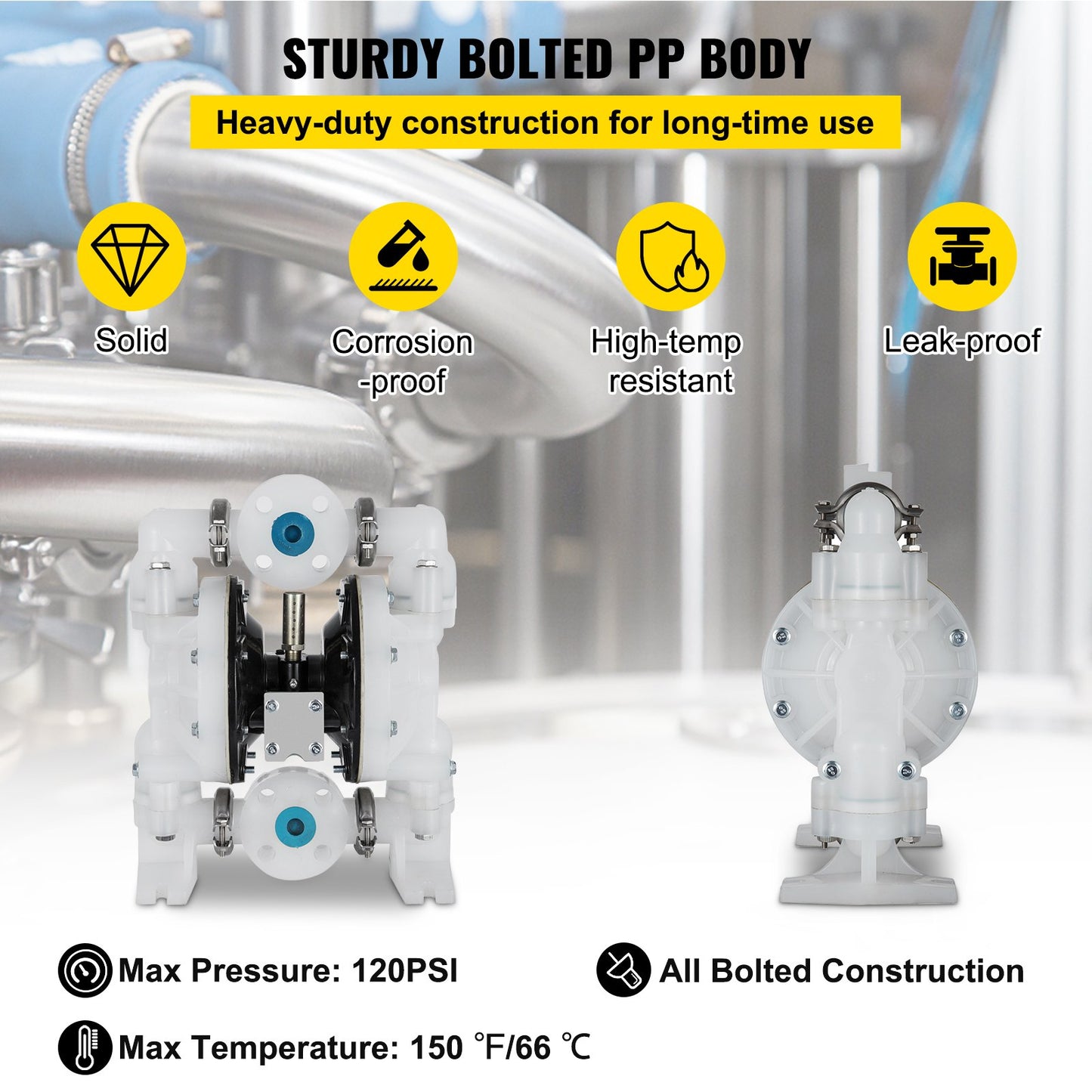 Luftdriven dubbelmembranpump 25,4 mm (1 tum) Inlopp/utlopp 113 l/min (30 GPM) Polypropylen Max 8 bar (120 PSI) för kemisk och industriell användning