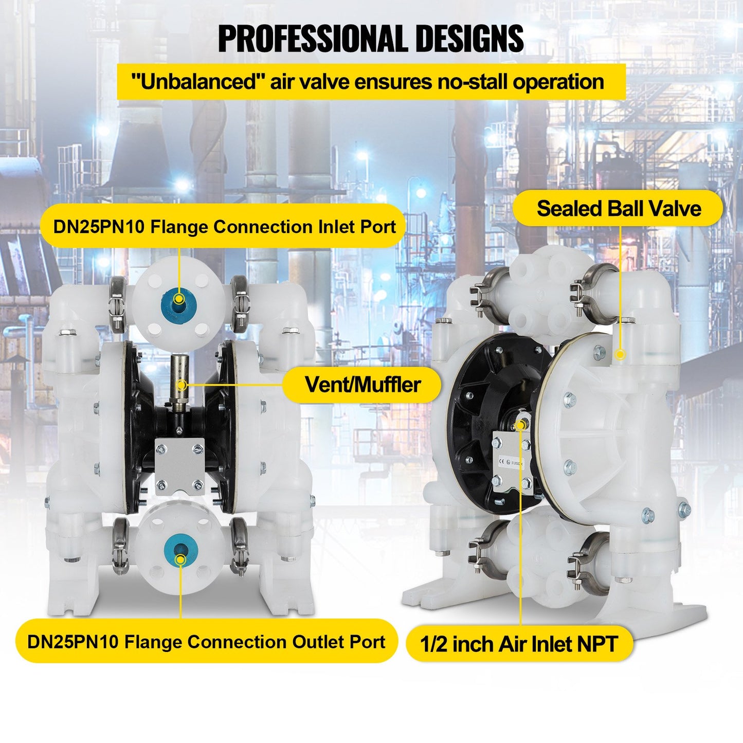 Luftdriven dubbelmembranpump 25,4 mm (1 tum) Inlopp/utlopp 113 l/min (30 GPM) Polypropylen Max 8 bar (120 PSI) för kemisk och industriell användning