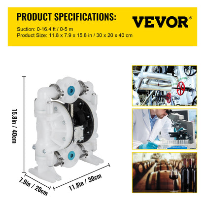 Luftdriven dubbelmembranpump 25,4 mm (1 tum) Inlopp/utlopp 113 l/min (30 GPM) Polypropylen Max 8 bar (120 PSI) för kemisk och industriell användning