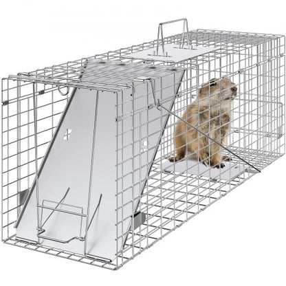 Fälla för levande djur, 79 x 25 x 30,5 cm human kattfälla i galvaniserat järn, hopfällbar djurfälla med handtag för kaniner, herrelösa katter, ekorrar, tvättbjörnar, murmeldjur och opossum