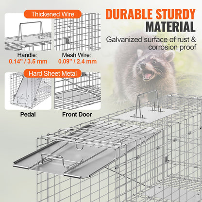 Fälla för levande djur, 79 x 25 x 30,5 cm human kattfälla i galvaniserat järn, hopfällbar djurfälla med handtag för kaniner, herrelösa katter, ekorrar, tvättbjörnar, murmeldjur och opossum