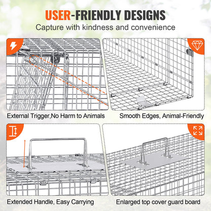 Live Animal Cage Trap 106.7 x 40.6 x 45.7 cm Humane Cat Trap Cats Squirrels Mouse