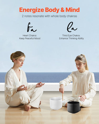 2PCS Crystal Singing Bowls, 8-inch and 10-inch A & F Note Singing Bowls, Frosted Quartz Bowl with 10" Carrying Bag, 1 Rubber Mallet and 2 O-Rings, Ideal for Meditation Yoga Sound Healing