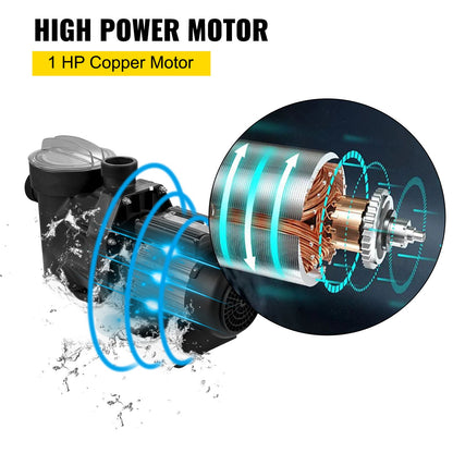 1 HP Pool Pump, 19200 L/h 750W Pool Pump In/Ground Swimming Pool Pump with Strainer Basket Pool Pump Motor for Clean Swimming Pool Water 1.97" Inlet/Outlet pool filter pump with 2 Fitting Hoses