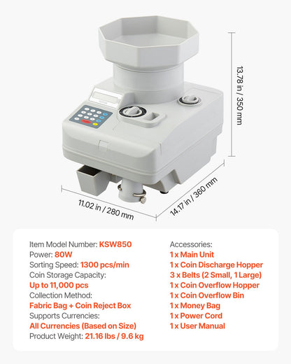 Coin Counter, Professional Coin Sorter with LED Display Holds up to 11000 Coins, Automatic Coin Sorter and Wrapper Machine for All Coins, Suitable for International Coins and Tokens