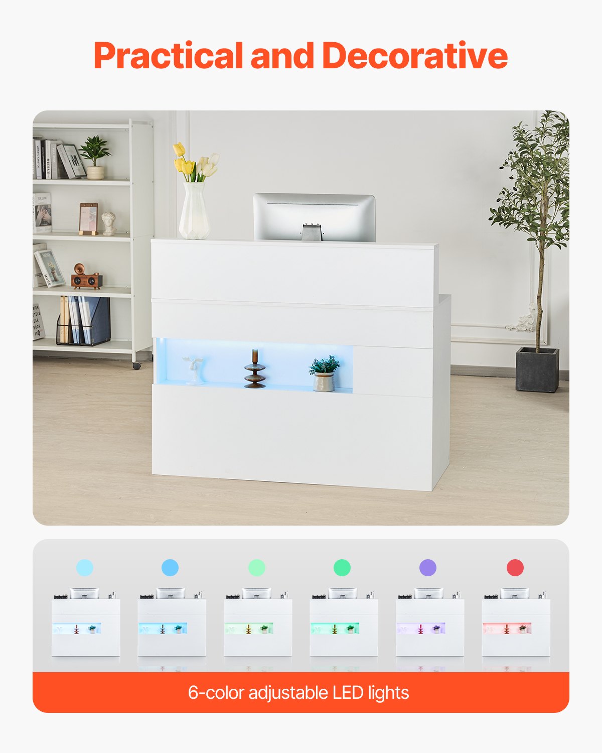 Receptionsdisk, 114 x 49 x 91 cm Rektangulärt frontbord, kontorsreceptionsdisk med LED-belysning, 2 lådor och eluttag, för kassa, lobby, skönhetssalong och kontor, vit