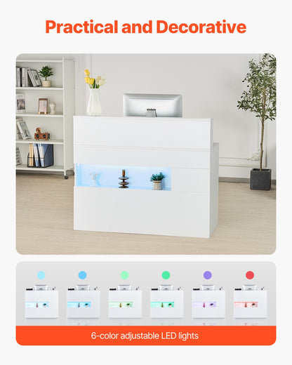 Receptionsdisk, 114 x 49 x 91 cm Rektangulärt frontbord, kontorsreceptionsdisk med LED-belysning, 2 lådor och eluttag, för kassa, lobby, skönhetssalong och kontor, vit