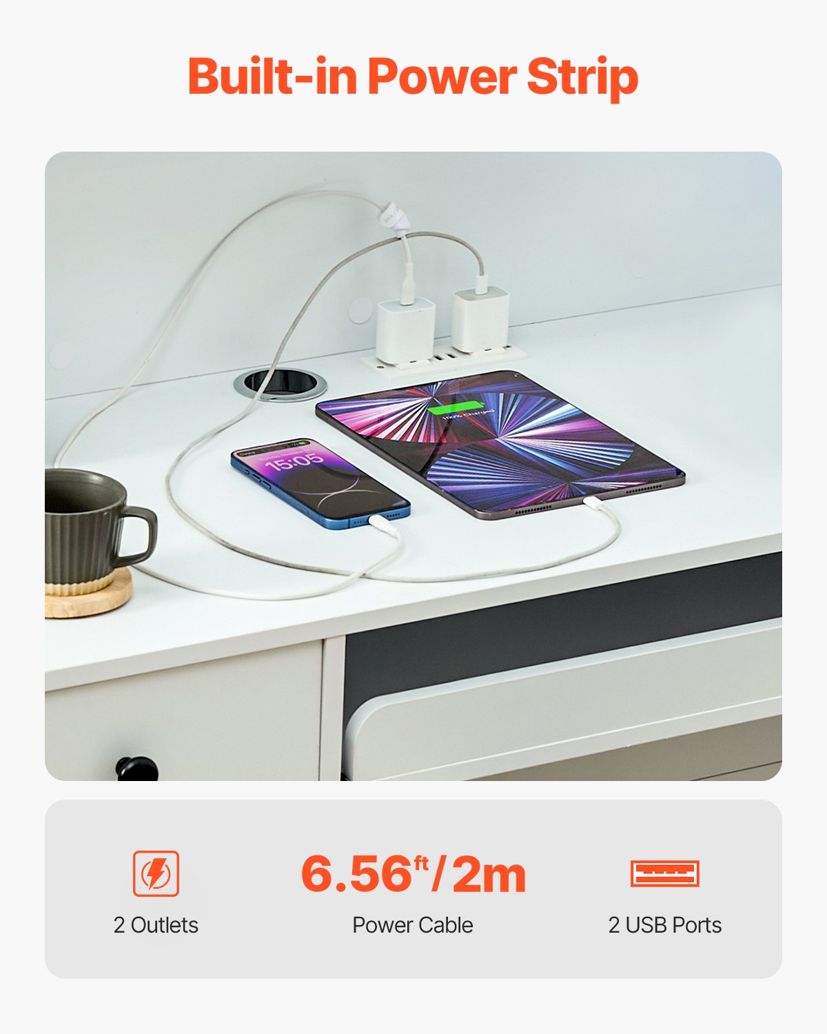 Receptionsdisk, 114 x 49 x 91 cm Rektangulärt frontbord, kontorsreceptionsdisk med LED-belysning, 2 lådor och eluttag, för kassa, lobby, skönhetssalong och kontor, vit